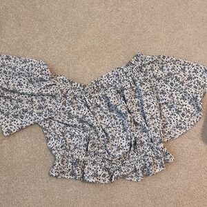 She + Sky White Floral Cropped Off-Shoulder Top
